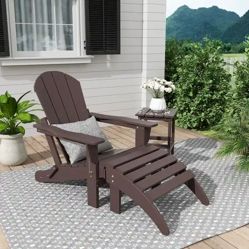 2fdf2e799eb7a133a7dae77cf6e50ac72419115efb71b5c84bf83ac798f0e112 Polytrends Laguna Hdpe All Weather Outdoor Patio Foldable Adirondack Chair With Ottoman And Side Table (3-Piece Set)(Dark Brown)