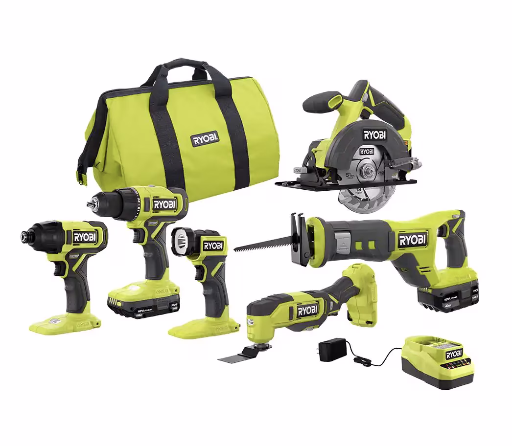 RYOBI ONE  18V Cordless 6-Tool Combo Kit with 1.5 Ah Battery, 4.0 Ah Battery, and Charger