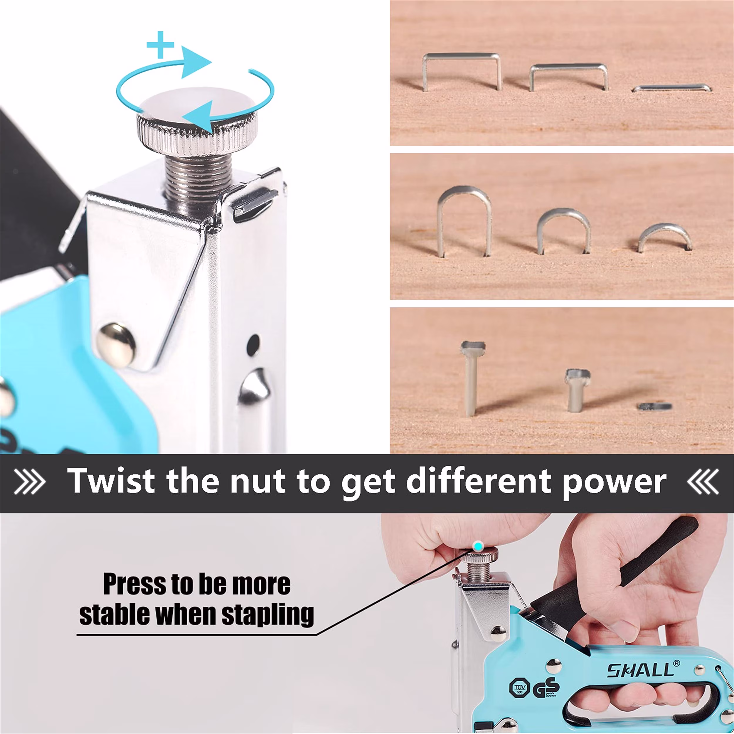 SHALL Staple Gun Heavy Duty, 3-in-1 Upholstery Staple Gun Kit with 3000 Staples, Staple Remover, Manual Brad Nailer with Specific Staples Outlet Position Indicator Blue