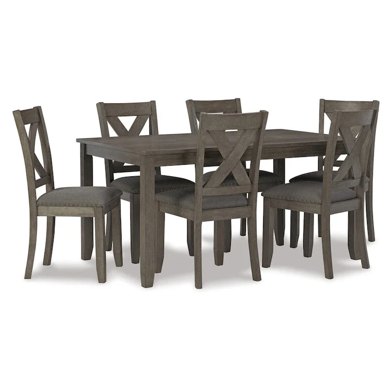 3058e36cf27a37d2d670a89bcf055a6379d152abbf329997dee5fafcf1ee6cbd 7 Piece Dining Table Set, Lattice Back Chairs, Dark Gray Wood, Polyester(Gray)
