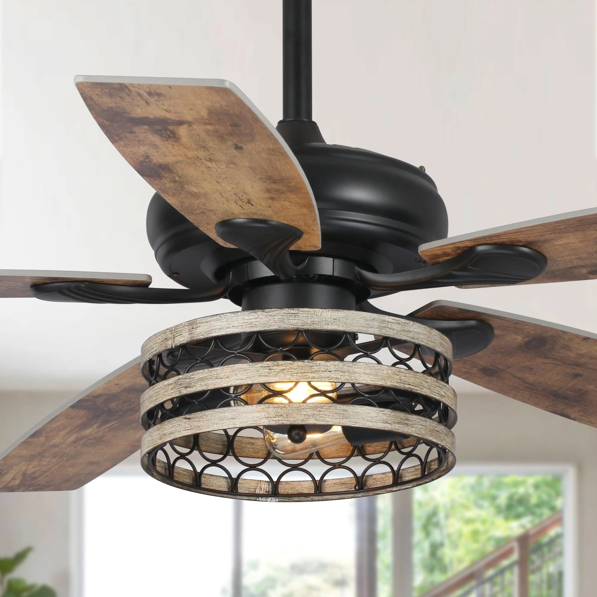 3237a533dd62d6005913d08aee527fbb91dc8e6c5bb4fc2b835f27ec8d75dcb4 52 Farmhouse Driftwood 5-Blade Black Caged Ceiling Fan with Remote(Remote)