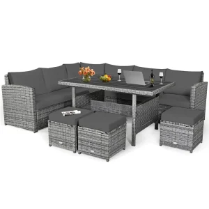 7 PCS Resin Wicker Outdoor Sectional Sofa Set Rattan Patio Seating Group with Dining Table, Ottomans Cushions(White)