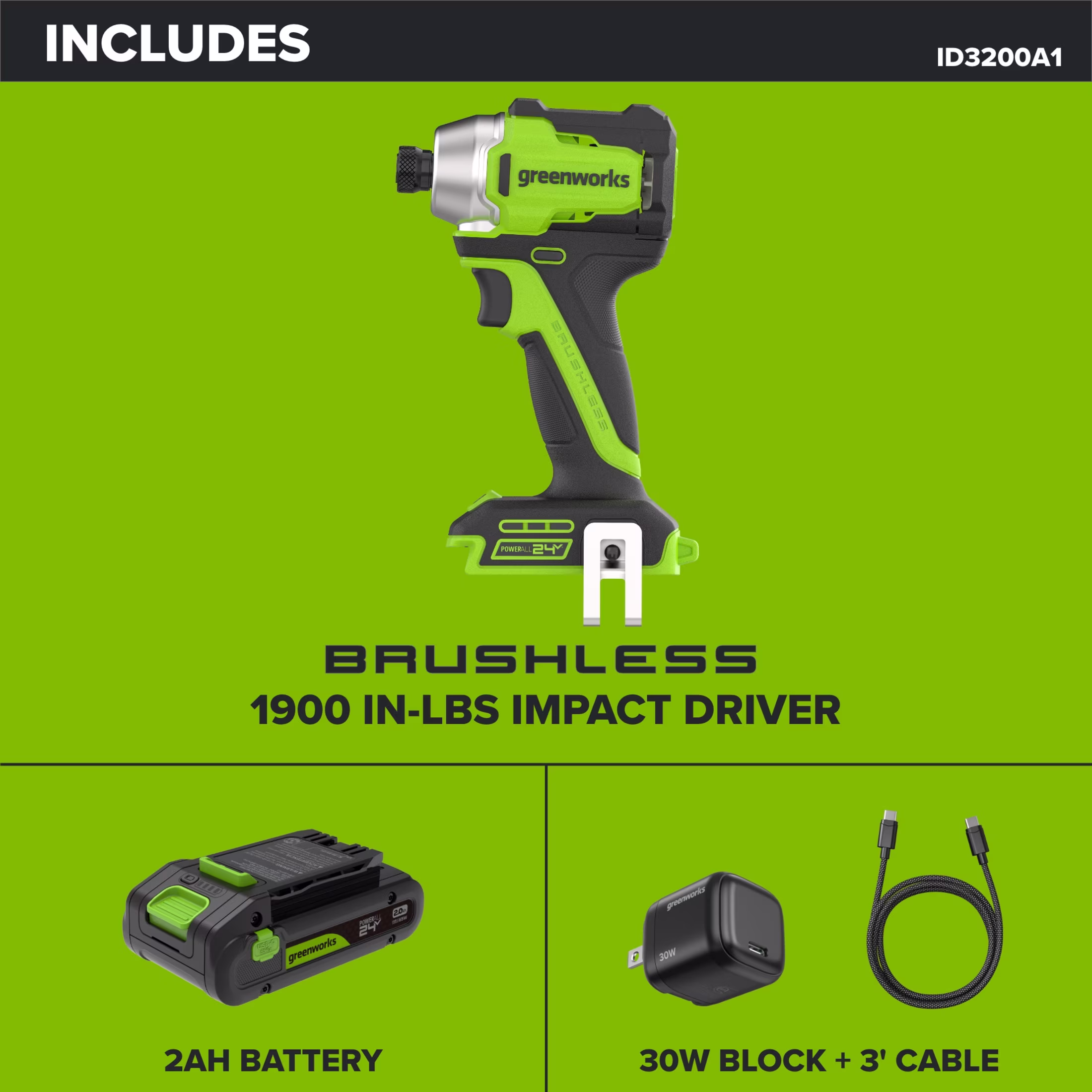 32b40f0ea7d8b4f683b175e9bf63d501c7a4aa5e0ed34fc891f5f67d31429d76 Greenworks PowerAll 24V Brushless 1,900 In-Lb Impact Driver, with 2.0 Ah USB-C Battery, 30W USB-C Charger Block, 3' 100W USB-C Cable, ID3200A1