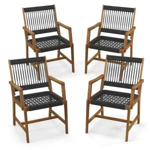 Gymax Patio 4PCS Acacia Wood Dining Chairs All-Weather Rope Woven(Black And Natural/Set Of 4)