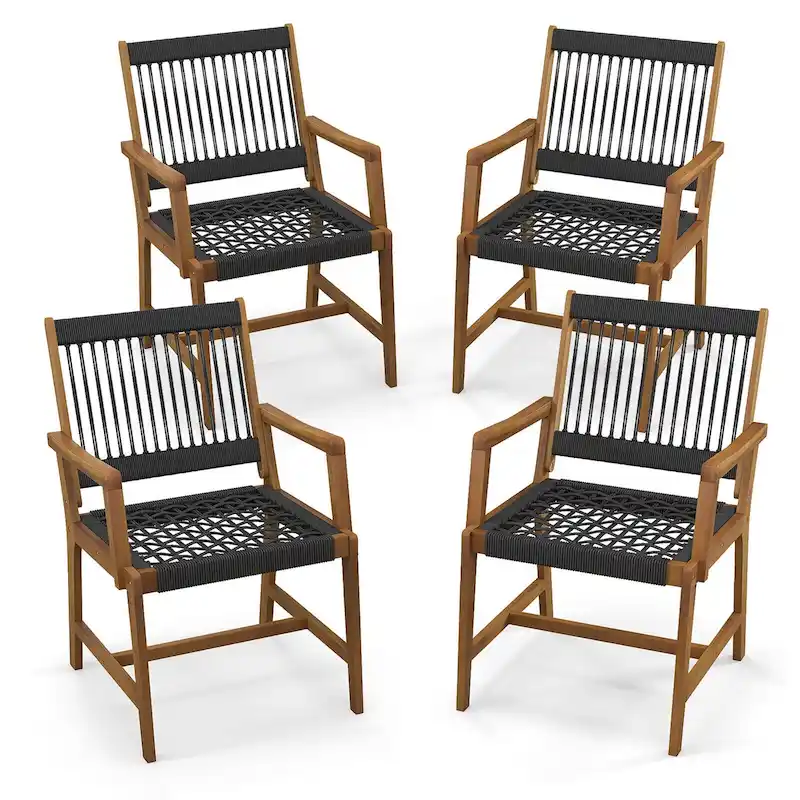 32e65e9e916ee1e21b61ca6f1457a8478de627d576c2167c56f51f75878f2d67 Gymax Patio 4PCS Acacia Wood Dining Chairs All-Weather Rope Woven(Black And Natural/Set Of 4)