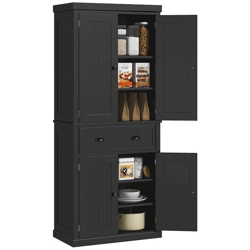 333a652df4fa690d55da1b8b8d0a2975c862eb66565ee19845e9732bfb4c54a1 72 Kitchen Pantry Storage Cabinet, Traditional Freestanding Cabinet with 4 Doors and 3 Adjustable Shelves, Large Central Drawer(Black)
