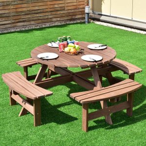 8-Person Outdoor Wooden Round Picnic Dining Table Bench Set with Umbrella Hole  4 Benches(Default Title)