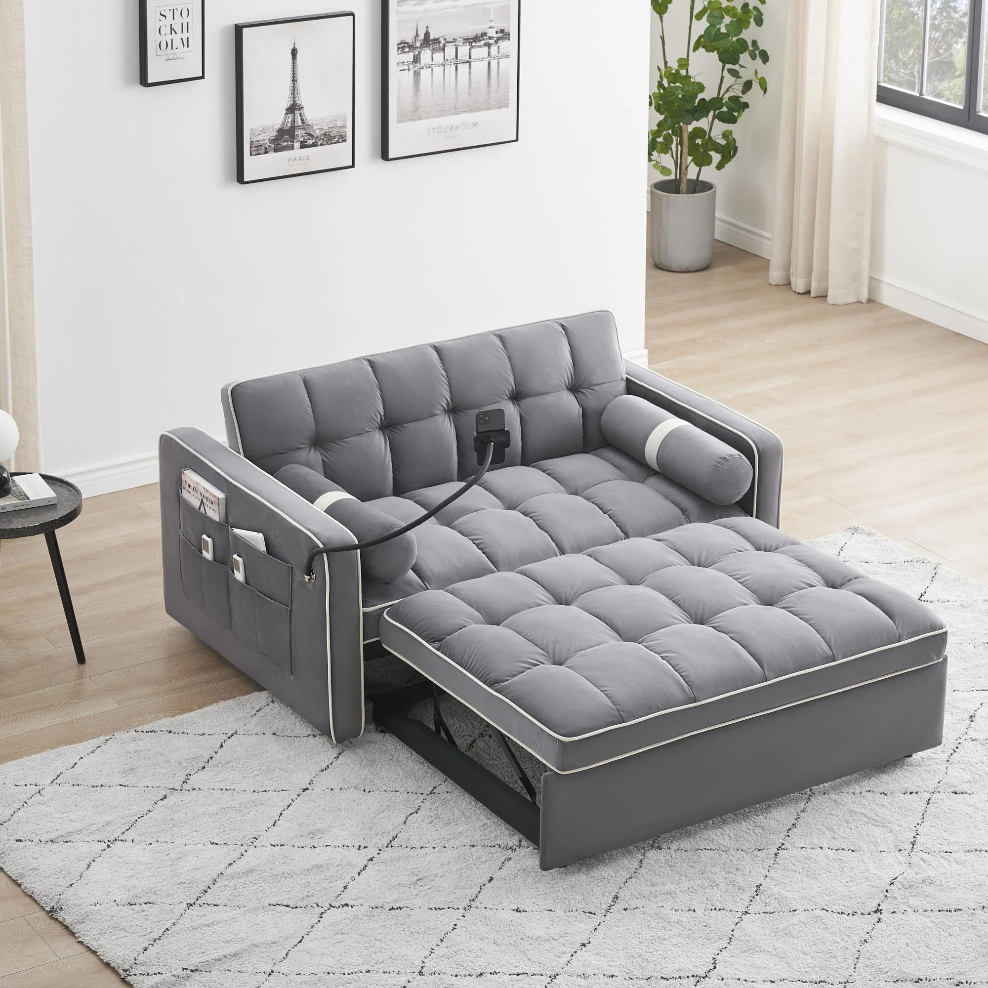 3415e1959734652d4544adde78d68ce134f948f1bd1ca2c6ea635d26d7c75e9c 3 in 1 Sleeper Sofa Couch Bed,Small Tufted Velvet Convertible Loveseat Futon Sofa w/Pullout Bed,Adjustable Backrest,Cylinder Pillows,Multi-Pockets,Phone Holder for Living Room Apartment,Grey,55.5"(Gray)"