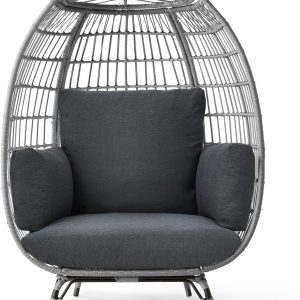 Best Choice Products Wicker Egg Chair Oversized Indoor Outdoor Lounger for Patio Backyard Living Room w/ 4 Cushions Steel Frame 440lb Capacity - Ivory(Navy/ONESIZE)