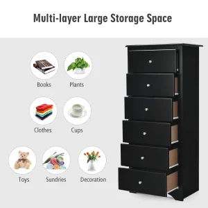Giantex Chest of 6 Drawers, Free Standing Storage Cabinet, Wooden Storage Dresser Tallboy Cabinet(Black)