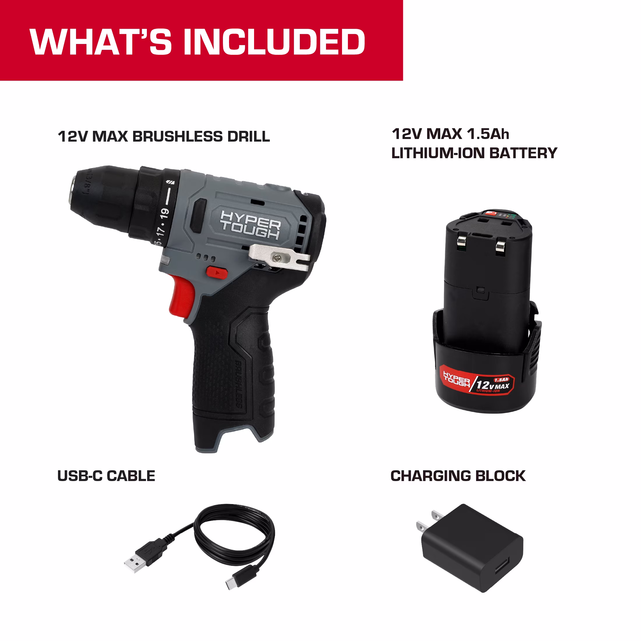 Hyper Tough 12V Brushless Cordless Drill Driver with 1.5Ah Battery