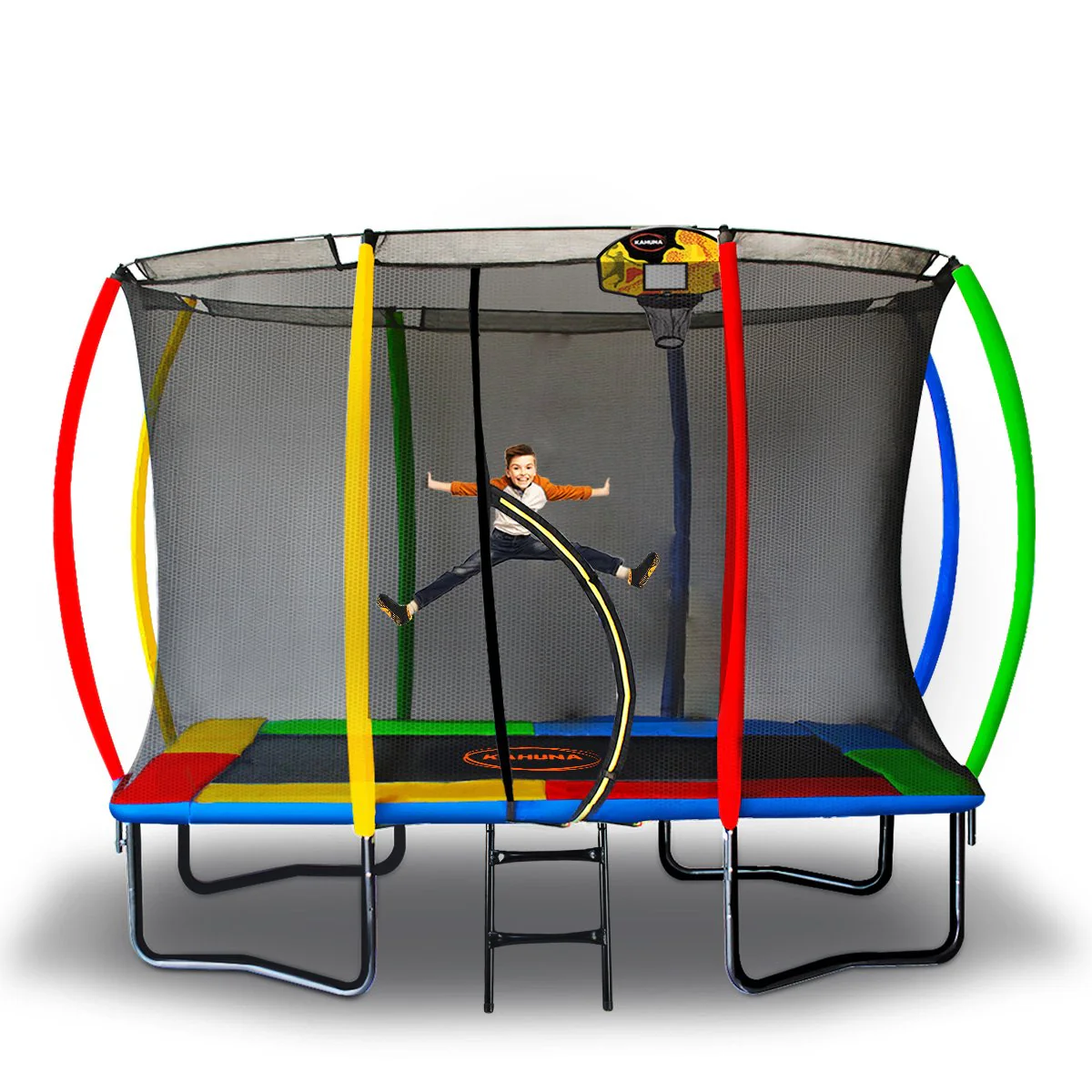 34eaa09cb7b2fcac8e2ba06f444f5105a51697d83a58105707ab00ee6951b5e3 Kahuna 8ft x 11ft Outdoor Rectangular Rainbow Trampoline With Safety Enclosure And Basketball Hoop Set.