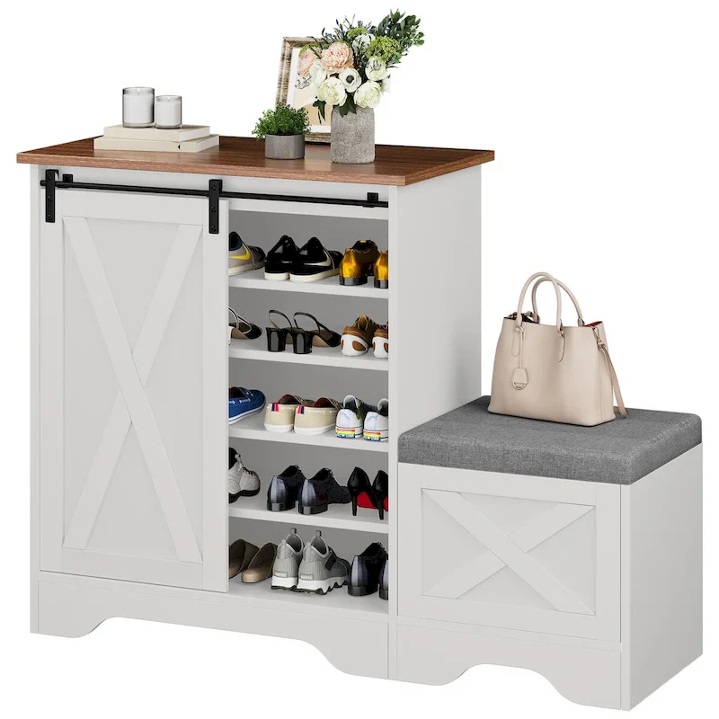 360e94d403c7924a66b3ddedf0820beeb964372859d6660e8c44514e1dd8ac9a Farmhouse Shoe Cabinet with Sliding Door Shoe Bench 5-Tier Shoe Storage Cabinet with Adjustable Shelves for 20 Pairs(White)