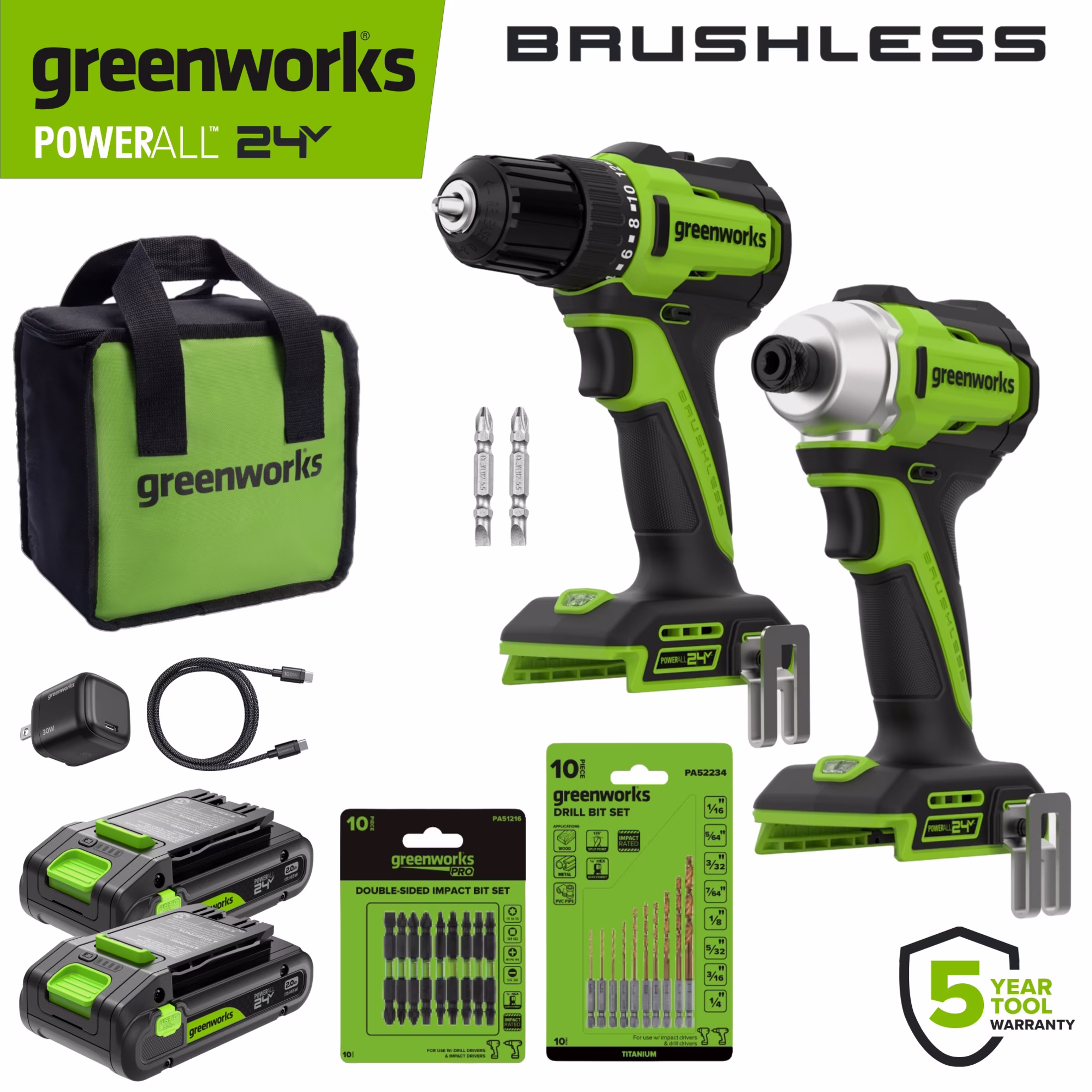 Greenworks PowerAll 24V Brushless 300 in-lbs Drill Driver Impact Driver, (2) 2Ah Batteries, 30W Charger and Cable, 2 Belt Clips and 2 bits and Bag, CK326A2