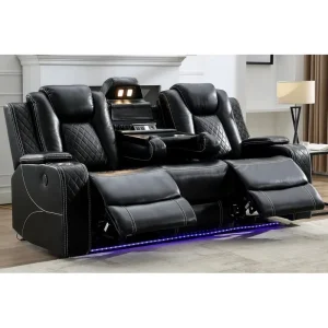 Power Reclining Sofa with Wireless Charger,Reading Light for Living Room,Faux Leather LED Light,AC/USB Port,Cup Holder,Black(Black-3-seat)