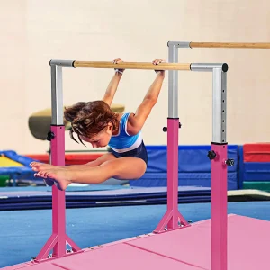 Gymnastics Parallel Bars, Double Horizontal Bar with Adjustable Width 11-Level Heights, 120kg Weight Capacity(Pink)