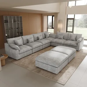 Large Linen Corner Sectional Sofa Couch for Living Room Set(Grey +2 Ottoman)