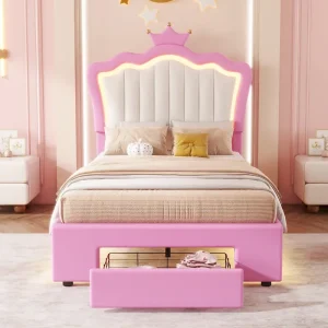 Twin Size Upholstered Bed Frame with LED Lights, Modern Upholstered Princess Bed with Crown Headboard, a Drawer, Pink+White(Pink+white)
