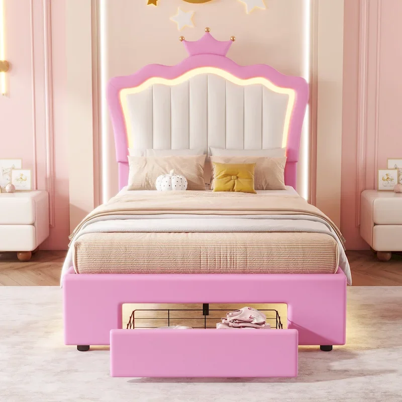381ff77b6c6f43c3bccd289bd39862a6475efe2f6876bcf6bb944cd684ae18df Twin Size Upholstered Bed Frame with LED Lights, Modern Upholstered Princess Bed with Crown Headboard, a Drawer, Pink+White(Pink+white)
