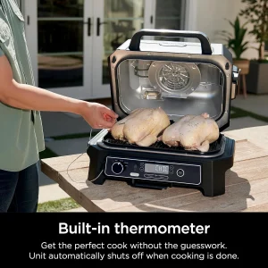 7-in-1 Grill  Smoker with Thermometer, Air Fryer, BBQ, Bake, Roast, Broil - Portable Electric Outdoor Grill, Grey(XL Grill + Thermometer)