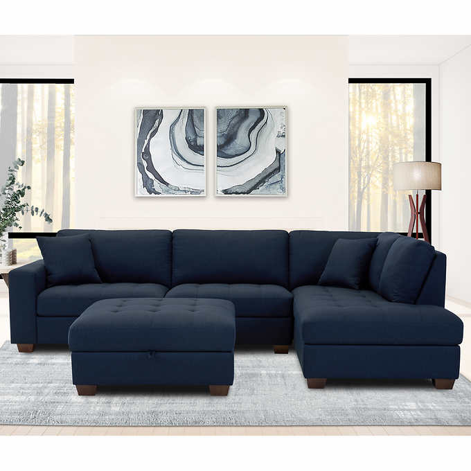 3a1862f194a74ebefac15a9e408eeb269121ba1537fff7a4331acd6a237a44eb Thomasville Miles Fabric Sectional with Storage Ottoman(Blue)