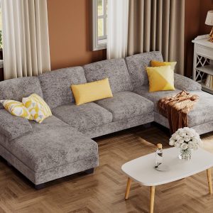 Furmax Sectional Couches for Living Room U-Shaped Sofa Couch Linen Fabric 4 Seat Sofa Set(Grey/Fabric)