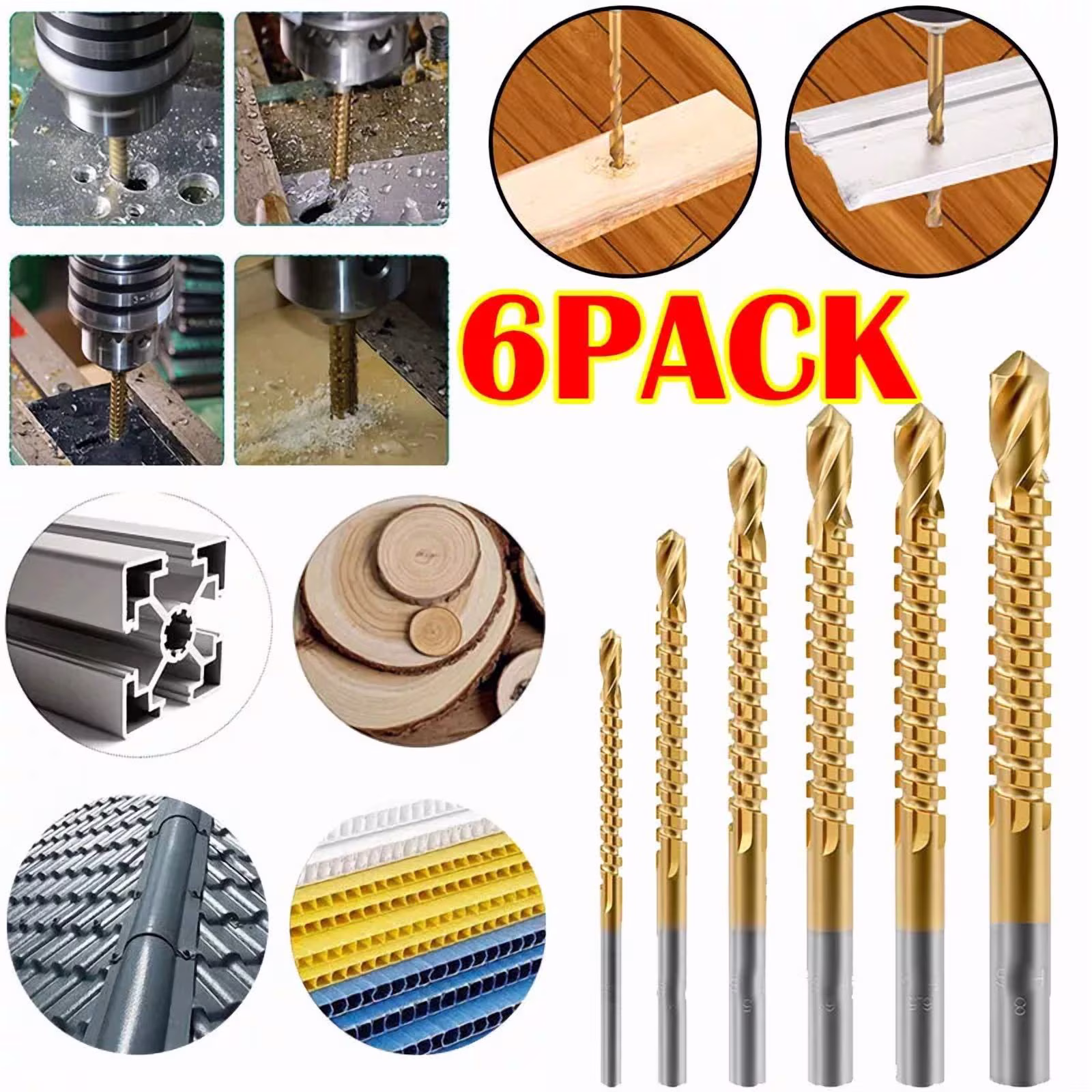 6Pc Twist Drill Bit Set Power Tool Accessories Screw Holes For Wood Metal Usa