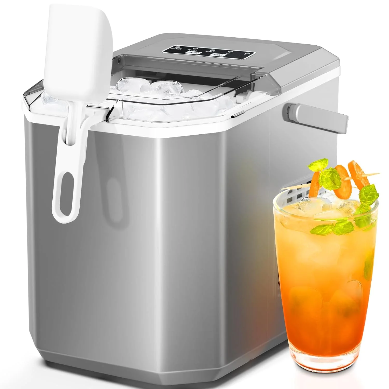 3b843979d0e28915c7d4384ffd44e9fe90828bcb108a4924a5597cc385100cd8 Countertop Ice MakerPortable Ice Machine with Carry HandleSelf-CleaningBasket and Scoop9 Cubes in 6 Mins26.5lbs/24Hrs2 Sizes of Bullet Icefor HomeKitchenPartyGrey(Default Title/ONESIZE)