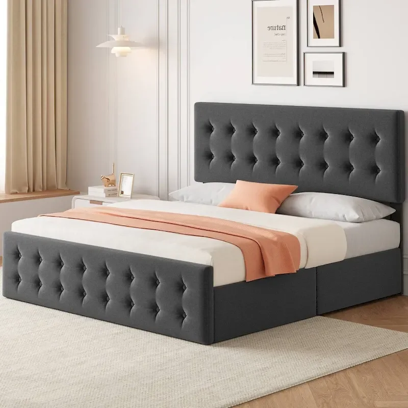 3bcbda058c6fad44f9f630e7febd28e4a8c773884d8d0ba6c2d3ec6fdf80fa8c King Size Bed Frame with 4 Storage Drawers and Headboard(Grey)