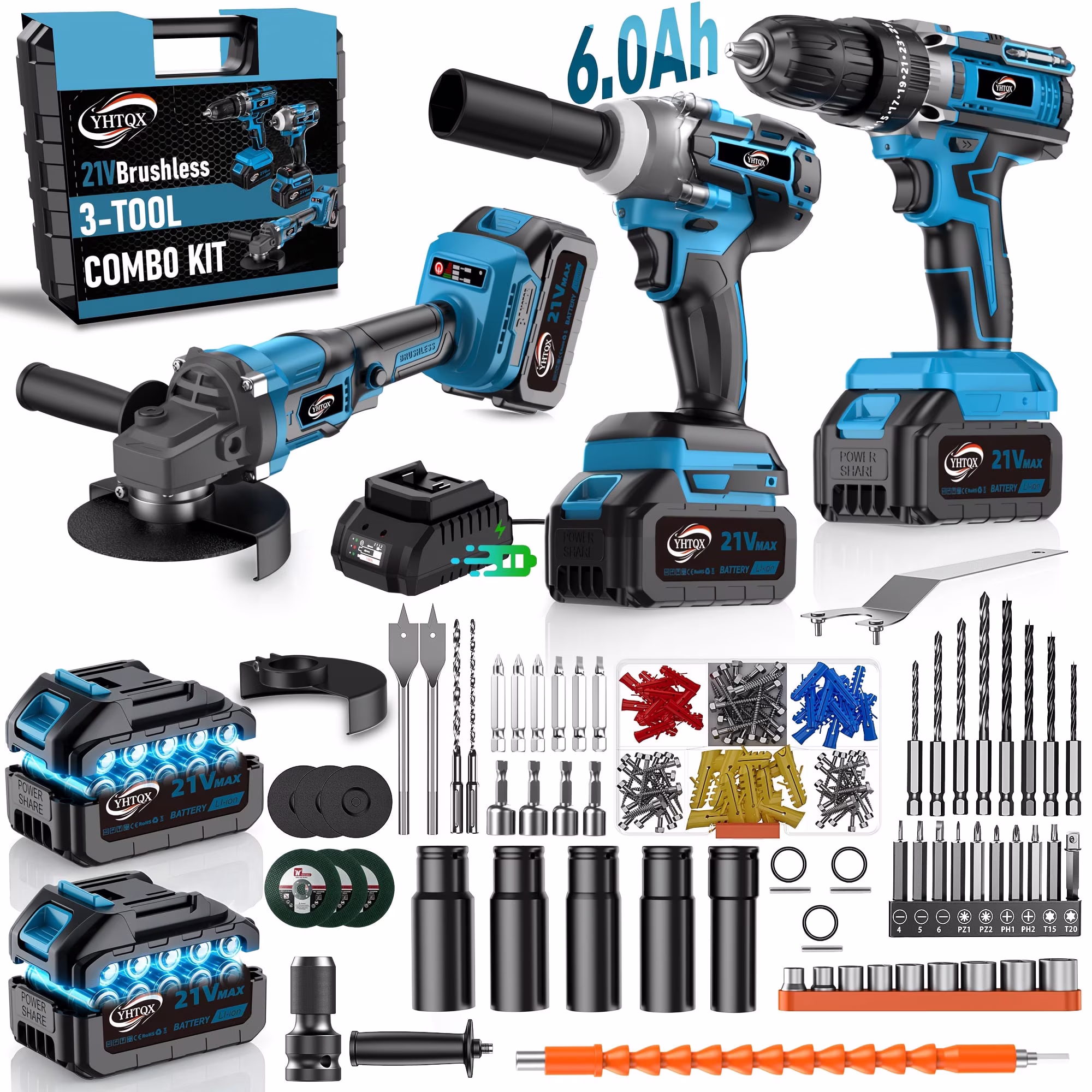 Brushless Cordless Power Tool Combo Kit, Industrial Grade Rotary Hammer Drill, Impact Wrench & Angle Grinder Set for Wall & Car Maintenance