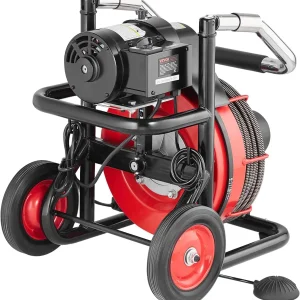 Drain Cleaner Machine 100FT x 1/2 Inch, Auto Feed Sewer Snake Auger on Wheels, 550W Portable Drain Cleaning Machine with 8 Cutters Air-activated Foot Switch for 2