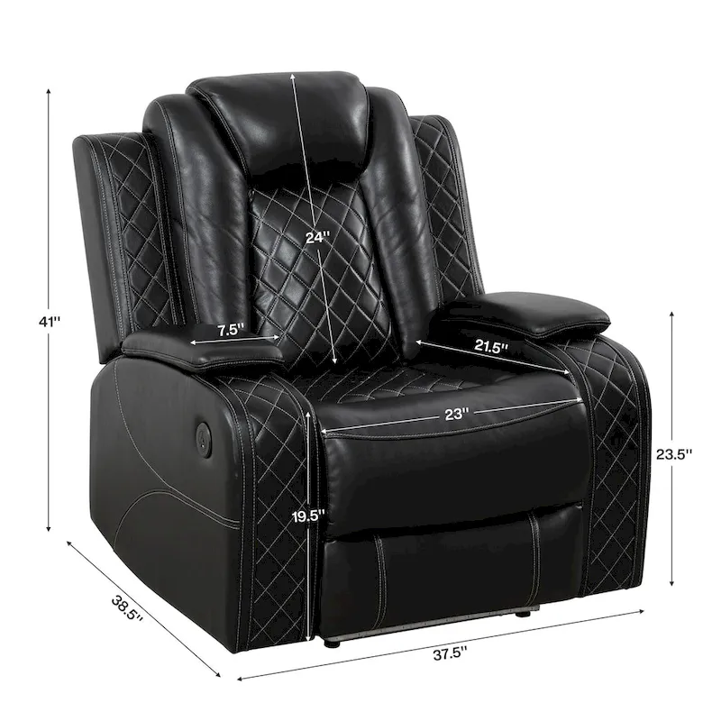 3c53d9518cb28d097170abdc7bb6f61529535226f102c41686b4202430b17dd4 Modern 3-Piece Leather Recliner Sofa Set with LED, Wireless Charging(Black)