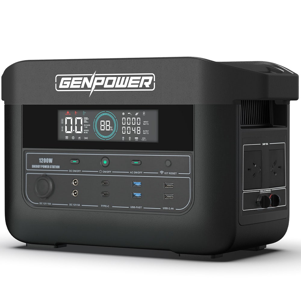 3cb5d7cd1eaa5b57a9b8201433f935881c308a55a89a06050982d2b3e059c70d GENPOWER 1200W Portable Lithium Power Station 1075Wh LiFePo4, Multiple Voltage Output, 15W Wireless Charger, Ideal for Camping, Home Backup and Power Tools(Default Title)
