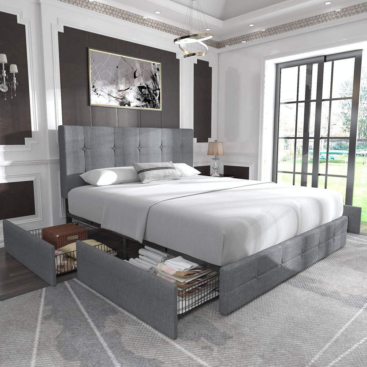 3d20668c479702808411df56ff9fc6a98f69381ede0a8e7bf4cccc1651e1764c Allewie Upholstered Queen Size Platform Bed Frame with 4 Storage Drawers and Headboard