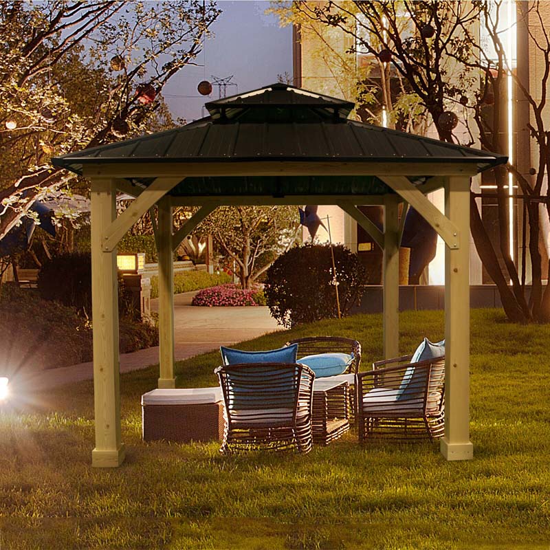 3efa418d8b3b35ee354574c990c1d7d61241d87d078f6c1a3b6355cdcf3388c8 10 x 10 FT Outdoor Patio Hardtop Gazebo with Wood Frame 2-Tier Metal Roof, All-Weather Gazebo Pergolas Shelter(Default Title)