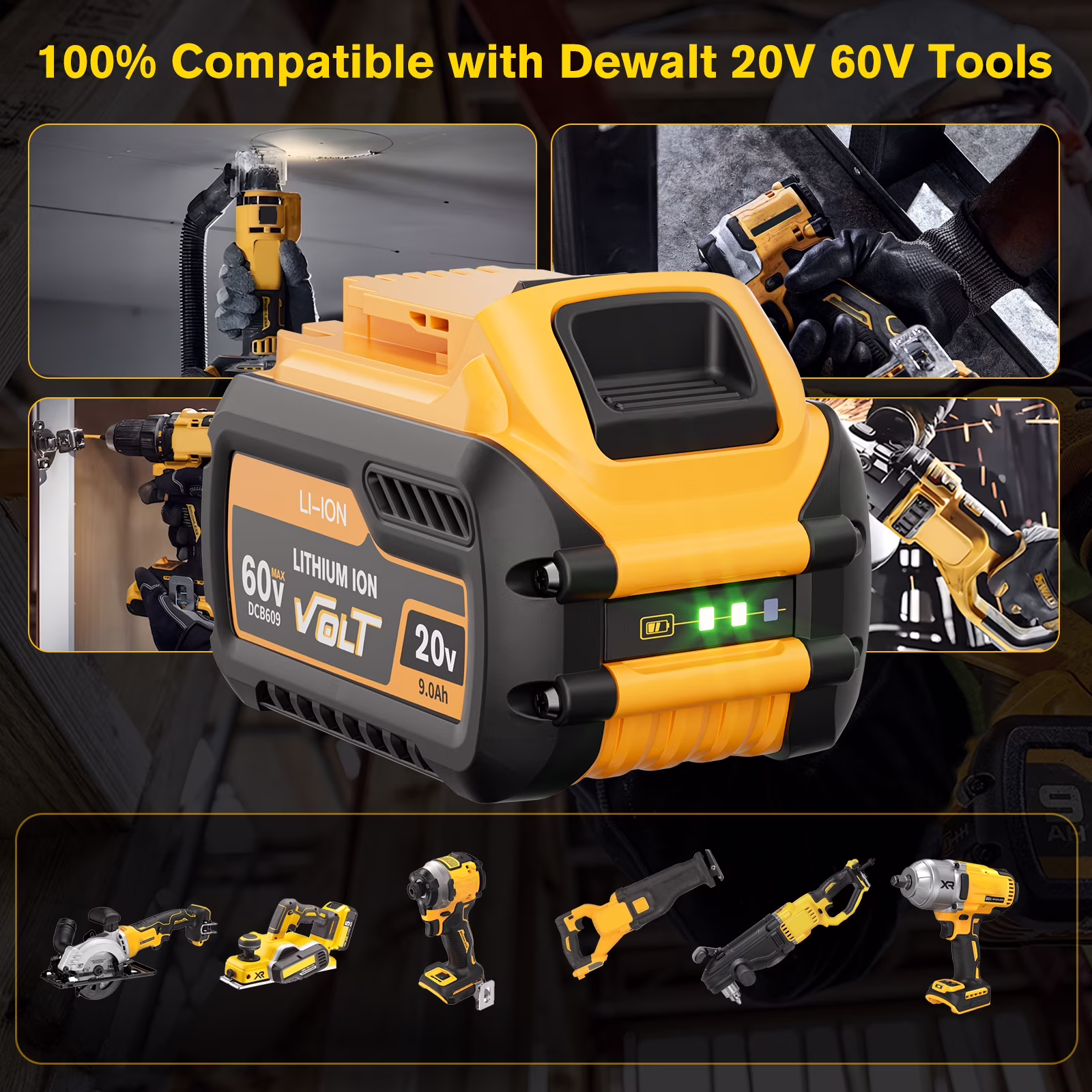 2 Pack 20v/60v 9Ah DCB606-2 DCB609-2 Battery for Dewalt 20v 60v Max 9Ah DCB609 6Ah DCB606 Flexvolt Battery 20V Max XR 8Ah DCB208-2 6Ah DCB206-2 5Ah DCB205-2 4Ah  Lithium-ion Battery with 1 Charger