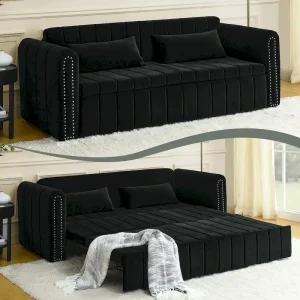 Velvet Upholstered Modern Convertible Sleeper Lounge Sofa Bed with Rolled Arms Decorated with Copper Nails(Black)