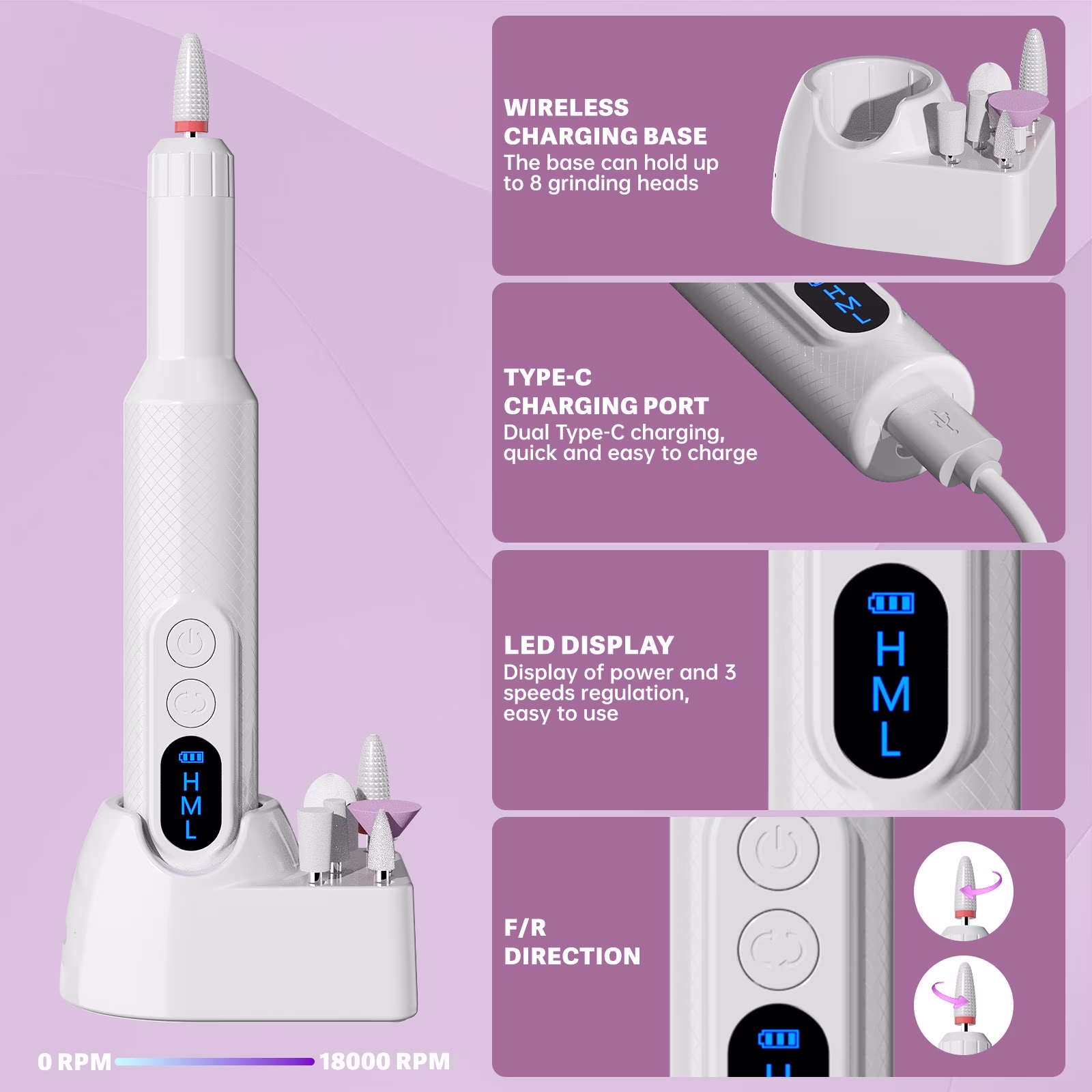 CshidWorld Electric Nail Drill, Cordless Nail File Kit, Portable Manicure Pedicure Tool with 12 Drill Bits & Wireless Charging Base for Acrylic Gel Nails Polishing Removal