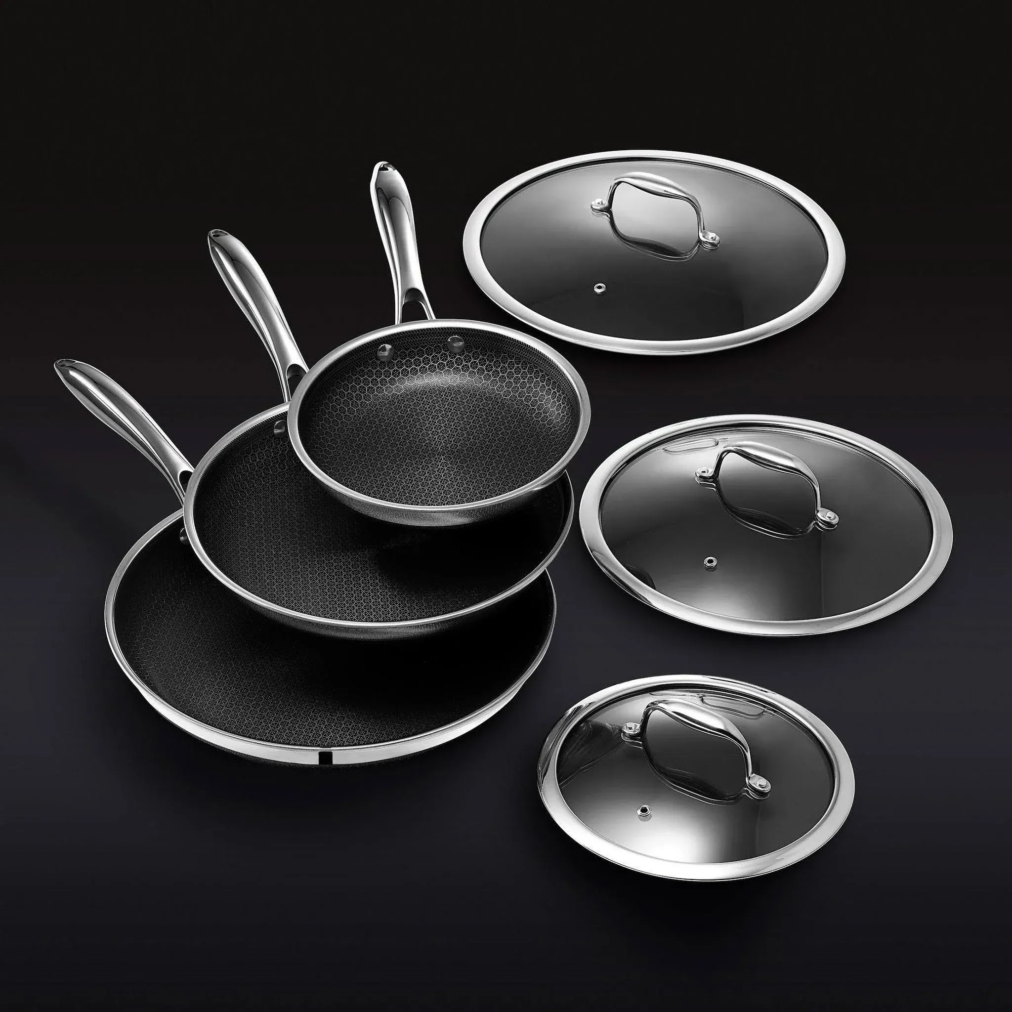 3f2bbd32b5c75617b7bdec9a9a93dc92b8922f161945f6aa4a56d3301fb9e833 HexClad 6 Piece Hybrid Stainless Steel Cookware Pan Set 8 inch, 10 inch, 12 inch with Glass Lids, Size: One size, Black
