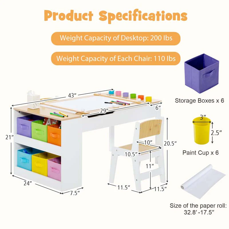 4085183124a613c89f0daaf9ece860c46ae3491e6355f46a289d49b6bd1d8d36 2-in-1 Kids Art Table Chair Set for Drawing Writing, Toddler Craft Play Wood Activity Desk w/2 Chairs Paper Roll Storage Canvas Bins(Natural)