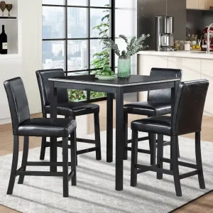 Modern 5-Piece Dining Set with Square Counter Height Table  4 Upholstered Chairs(Black)