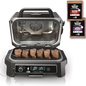 7-in-1 Grill  Smoker with Thermometer, Air Fryer, BBQ, Bake, Roast, Broil - Portable Electric Outdoor Grill, Grey(XL Grill + Thermometer)