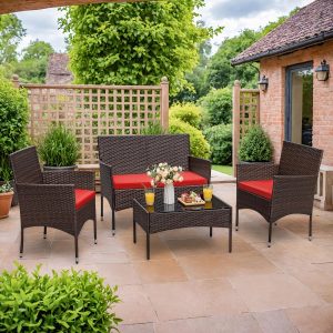 Homall 4 Pieces Outdoor Patio Furniture Sets Rattan Chair Wicker Set, Outdoor Indoor Use Backyard Porch Garden Poolside Balcony Furniture Sets (Grey)(Blue/Rattan)
