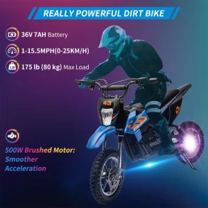 36V Kids Electric Dirt Bike, 36V, 350W, 15.5MPH, LED, 175lbs Max ¨C Blue