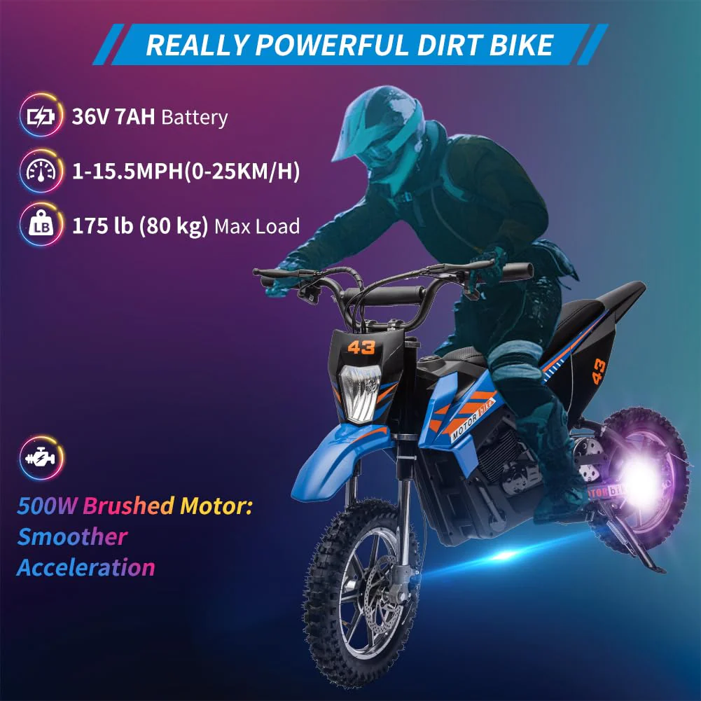 41d15810278d022ba094378eb96de16e77a5e5ee3dad145006d630dc22406b17 36V Kids Electric Dirt Bike, 36V, 350W, 15.5MPH, LED, 175lbs Max ¨C Blue