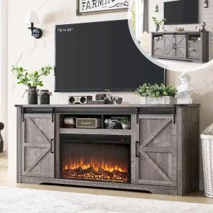 Farmhouse Fireplace TV Stand for 80 Inch TV, Entertainment Center(Grey)