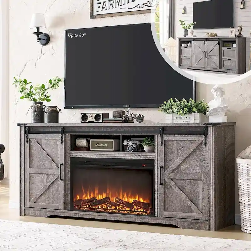 422bb0106e430afb56193156f353edb46f14a86e13da01667a35e8fc87965c10 Farmhouse Fireplace TV Stand for 80 Inch TV, Entertainment Center(Grey)