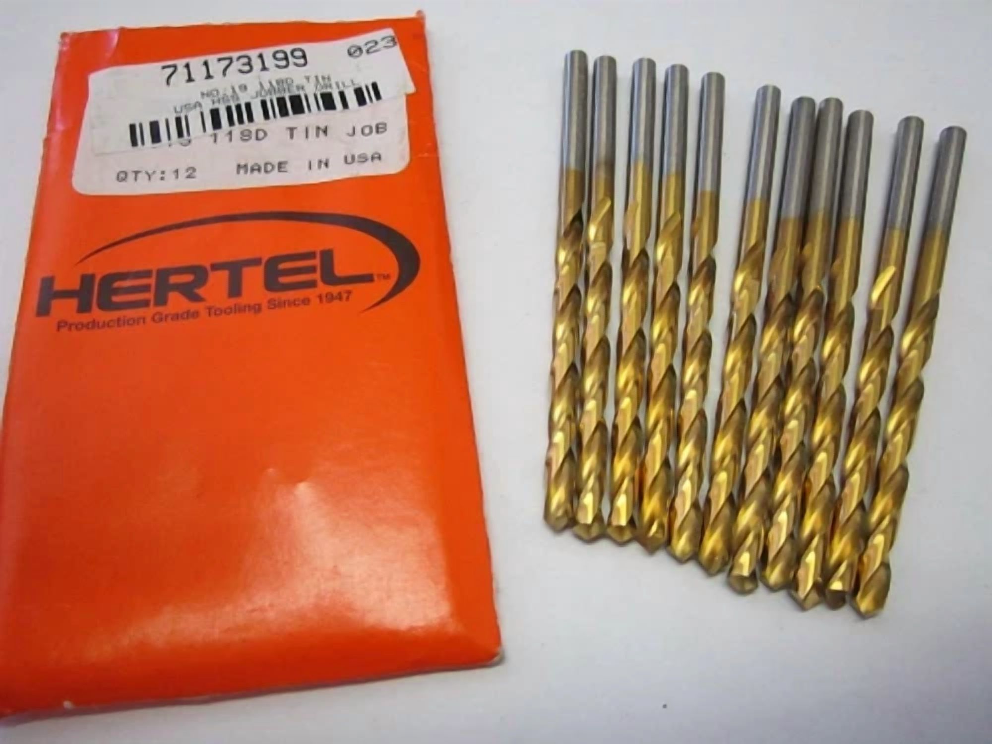 42f672612f002d64cc120433bdec58d1cebafbb9a7e87a4e7195a8ec87a3a418 KLYNE - Lot Of 12 #19 High Speed Jobber Length Drill Bits 118 Degree Tin