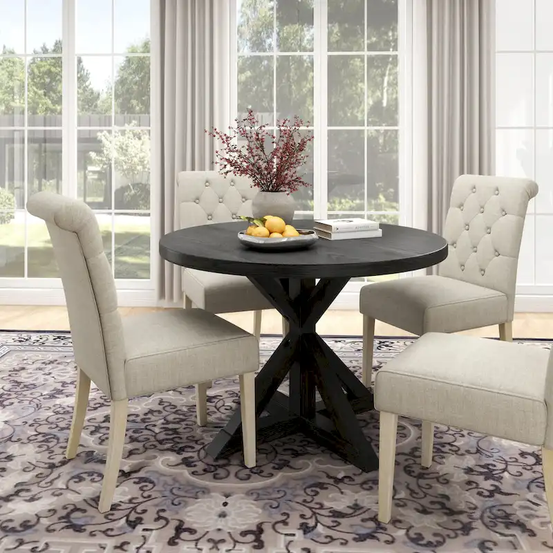 43406c3c9c48e8c514b98e00803f7e1cd632a77e1f8492bebb14a75ee1a20145 5 Piece Dining Table Set, Wooden Kitchen Furniture Set, Round Table with Cross-Buck Pedestal Base and 4 Tufted Chairs(Black,gray)