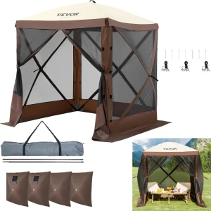 VEVOR 12 * 12ft 6 Sided Pop-up Canopy Shelter Tent with Mesh Windows, Portable Carry Bag(Brown/6x6ft)